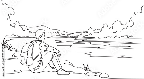 Contour art featuring a contemplative traveler admiring vast lak
