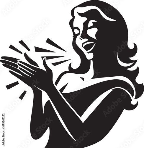 Silhouette of a woman clapping enthusiastically, celebrating and expressing joy in vector art