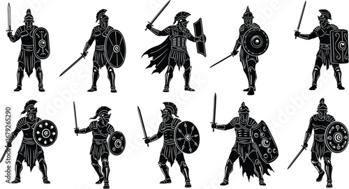 Ancient Roman gladiators in silhouette, holding swords and shields, historical warrior illustration for battle, military, antique soldier, and war concept