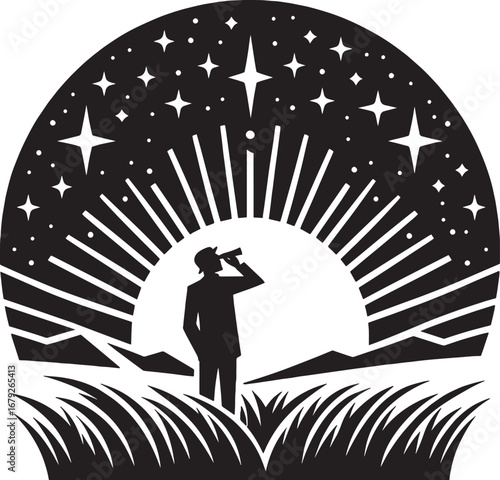 Silhouette of a person observing stars through a telescope under a radiant night sky scene