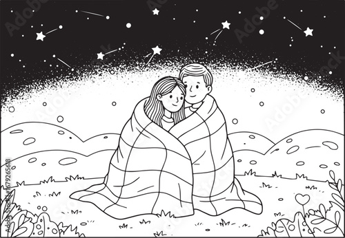 Cozy couple stargazing illustration under blanket, romantic nigh