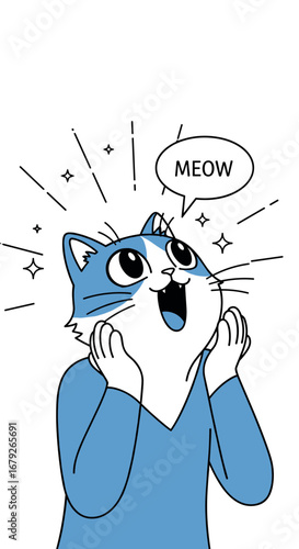 An animated blue and white cat character with wide eyes and a happy expression making a meow sound