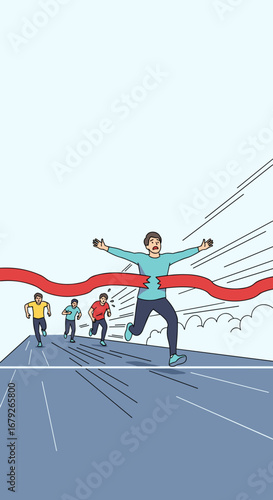 Athlete breaks through finish line tape celebrating victory in a sprint race competition