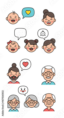 Diverse families and generations expressing joy and connection through speech bubbles