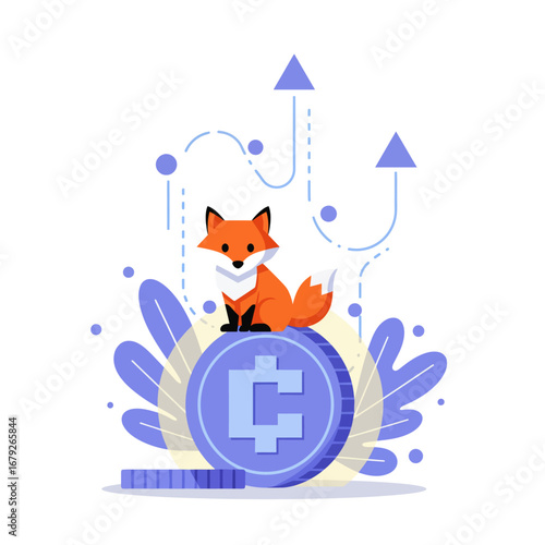 A cartoon fox sits atop a large blue coin with a "C" symbol, with upward arrows and stylized leaves in the background.
