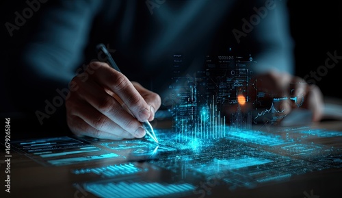 Person Interacting With Futuristic Digital Data Stream And Technology Interface.