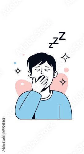 Tired person yawning and feeling sleepy with zzz symbol and sparkling stars illustration