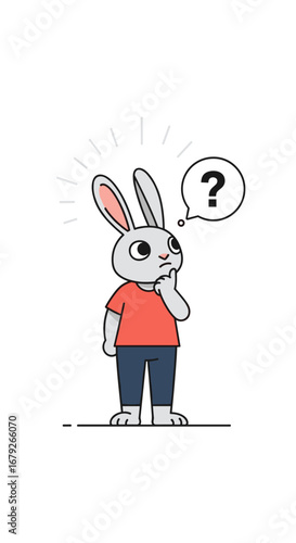 Curious anthropomorphic rabbit wearing casual clothes standing with a question mark in a speech bubble above its head contemplating a problem
