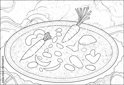 Intricate culinary illustration of an Afghan Kabuli Pulao rice d