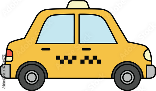 A cartoon illustration of a yellow taxi cab with a checkered stripe on transparent background