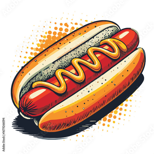 Vintage Retro Style Hot Dog with Mustard
A colorful vintage retro style vector illustration of a hot dog in a bun topped with yellow mustard. Designed with bold lines, textured shading, and halftone b