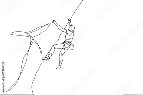Monochrome continuous line drawing of a man rock climbing advent