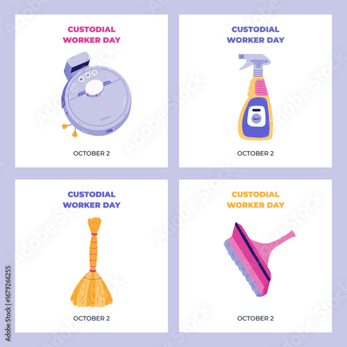 Set of square simple banners for Custodial Worker Day with vacuum cleaner, spray cleanser, broom, window scraper. Hand drawn washing and hygiene clipart for social media, website banner, promotion.