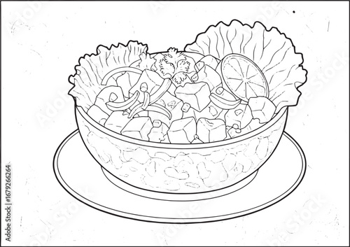 Detailed line drawing of ceviche in a bowl with lettuce and citr