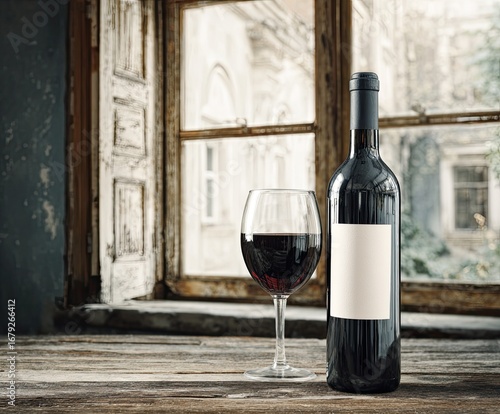 A bottle of red wine and a glass by a window