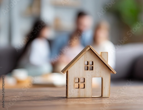 Wooden house miniature, family in background