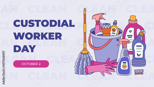 Horizontal minimalistic banner for Custodial Worker Day with detergent product and cleaning tools in bucket, mop, gloves. Trendy holiday illustration for poster, website background, social media.