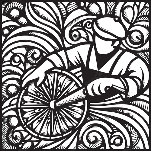Black and White Image of a Potter Shaping a Wheel, Artistic Illustration, Craftsmanship