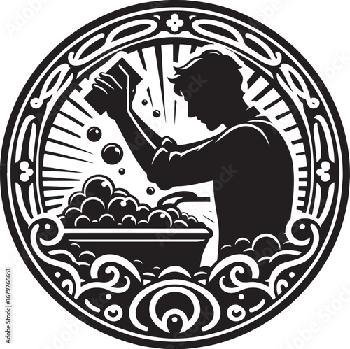 Artistic illustration of a man washing clothes in a circular vintage style design