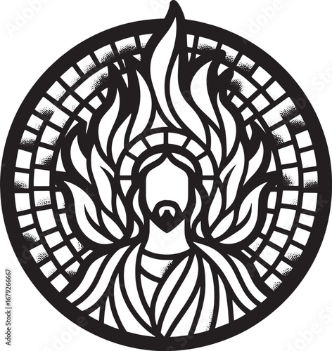 Artistic depiction of Jesus Christ with flames and halo within a circular frame design