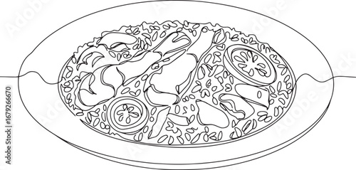 Monochrome line art illustration of Liberian Jollof rice dish on