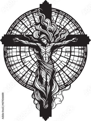 Detailed black and white illustration of Jesus Christ on the cross with a stained-glass window
