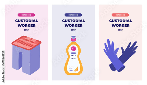 Vertical trendy set of stories for Custodial Worker Day with colorful sanitation and clean up clipart. Holiday banner with dishwashing lemon gel, bucket, rubber gloves for social media design.