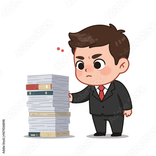 Cartoon businessman overwhelmed by a towering stack of paperwork, looking frustrated and stressed.