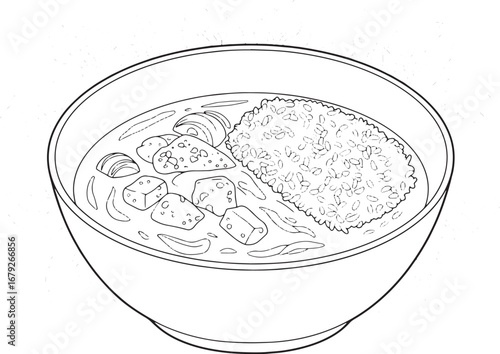 Thai green curry illustration featuring tofu and rice in monochr