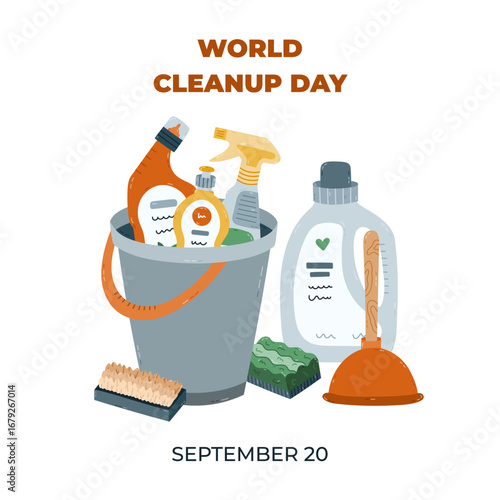 Square lovely banner for World Cleanup Day with cartoon housekeeping concept illustration with detergent products in bucket. Minimalistic holiday poster, template for website, social media, design.