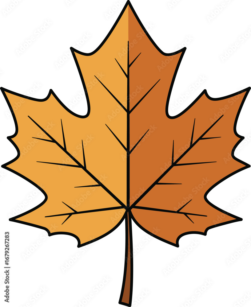 Obraz premium A colorful illustration of a maple leaf in shades of orange and brown on transparent background
