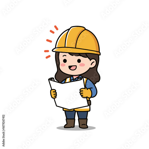 A cheerful cartoon female engineer in a yellow hard hat and safety vest, smiling while holding a blueprint.
