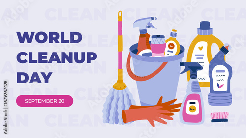 Horizontal minimalistic banner for World Cleanup Day with detergent product and cleaning tools in bucket, mop, gloves. Trendy holiday illustration for poster, website background, social media.