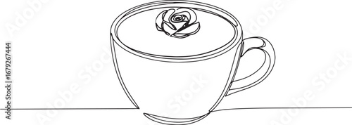 Elegant single line drawing of rose latte art in a white ceramic