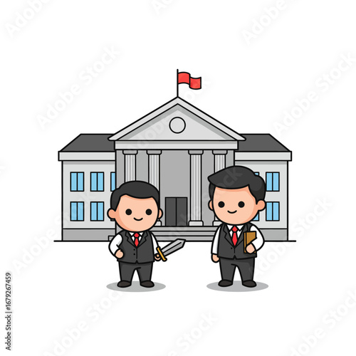 Two cartoon businessmen in suits stand in front of a government building, one holding a hidden knife, suggesting betrayal or conspiracy.