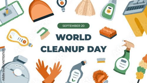 Horizontal colourful banner for World Cleanup Day with detergent gels and tools clipart, spray bottle, bucket, gloves. Simple holiday poster, website banner, social media post in warm colors.