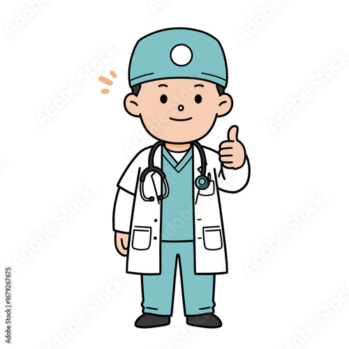 A friendly cartoon doctor character giving a thumbs-up gesture, wearing a medical uniform with a lab coat and stethoscope.