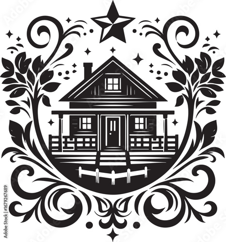 Black and white illustration of a rustic house with floral elements and star decor