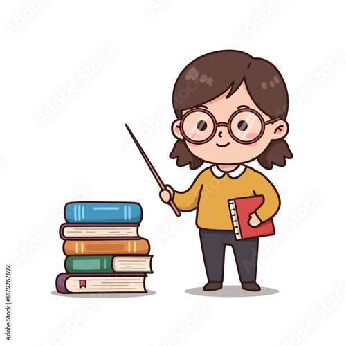 A cartoon teacher with glasses holding a pointer and a book next to a stack of colorful books.