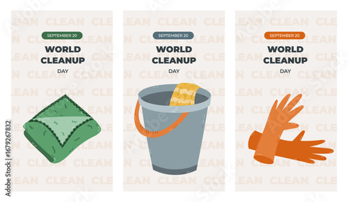 Vertical trendy set of stories for World Cleanup Day with housework tools clipart. Greeting concept banner with protective gloves, textile rag, bucket for social media, web design, poster.