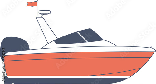 A small orange and white boat with a flag on the back on transparent background