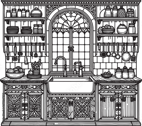 Detailed illustration of a vintage kitchen with shelves, sink, and various kitchen utensils and jars