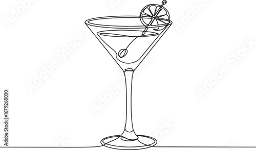 Elegant single line drawing of a classic cocktail glass with cit