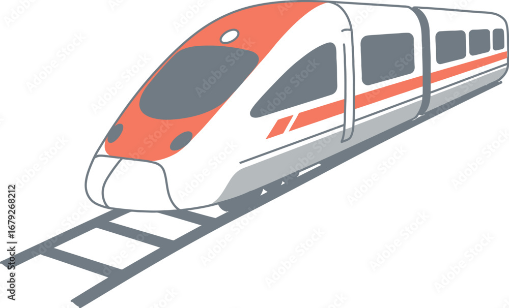 Fototapeta premium A white and orange bullet train traveling on railroad tracks on transparent background