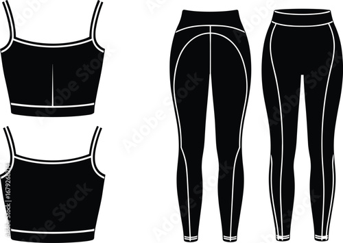 women’s activewear set with sports bra and leggings, front and back views, fitness outfit fashion flat sketch template.