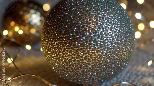 Sparkling Christmas Ornament Ball Rotating with Glittering Holiday Lights in Soft Blur Background