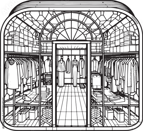 Detailed Black and White Illustration of a Fashion Boutique or Clothing Store Interior
