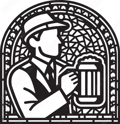 Illustration of a man holding a beer stein in a vintage style, black and white