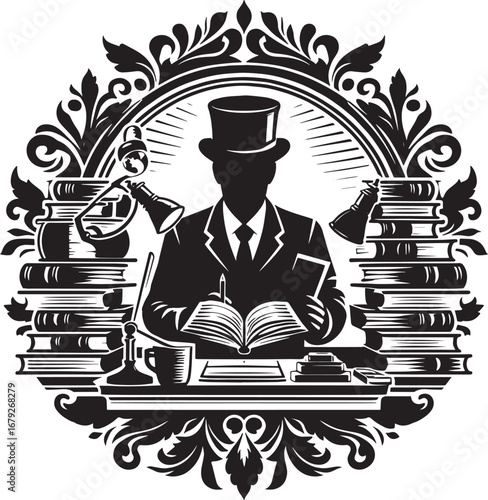 Intricate illustration of a gentleman reading surrounded by books and vintage decor