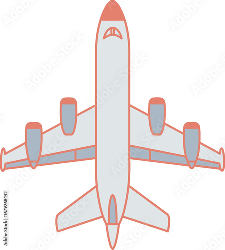Airplane viewed from above with red nose and grey engines on white background on transparent background
